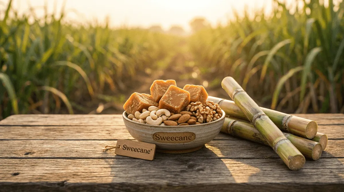 Rustic farm table with natural jaggery and fresh sugarcane